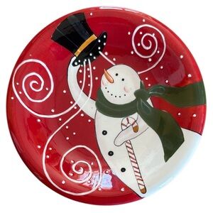 DANSK HAND PAINTED WINTER SNOWMAN WIND BLOWING AND 3D SNOW IS FALLING 9” PLATE